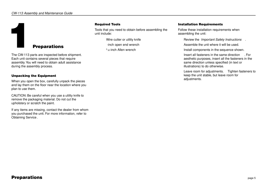 Precor CW-113 manual Preparations, Review the Important Safety Instructions 