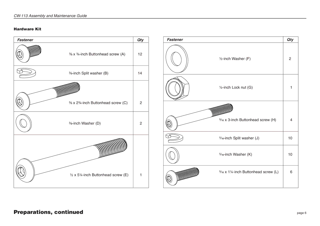 Precor CW-113 manual Fastener Qty 