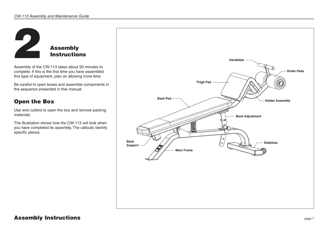 Precor CW-113 manual Assembly Instructions, Open the Box 