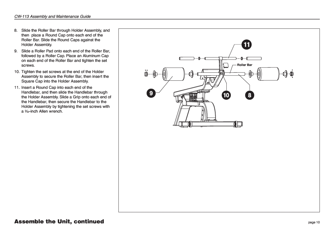 Precor manual Assemble the Unit, continued, CW-113 Assembly and Maintenance Guide, Roller Bar 
