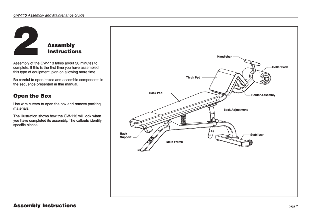Precor manual Assembly Instructions, Open the Box, CW-113 Assembly and Maintenance Guide 