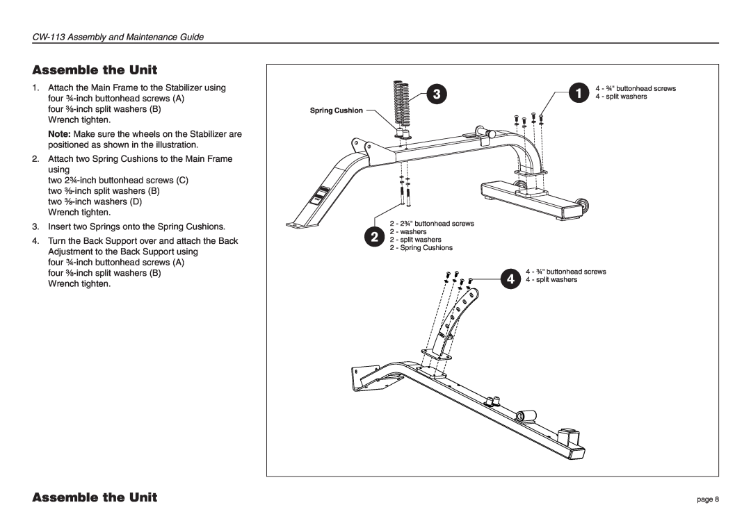 Precor manual Assemble the Unit, CW-113 Assembly and Maintenance Guide, four ³⁄₈-inch split washers B Wrench tighten 