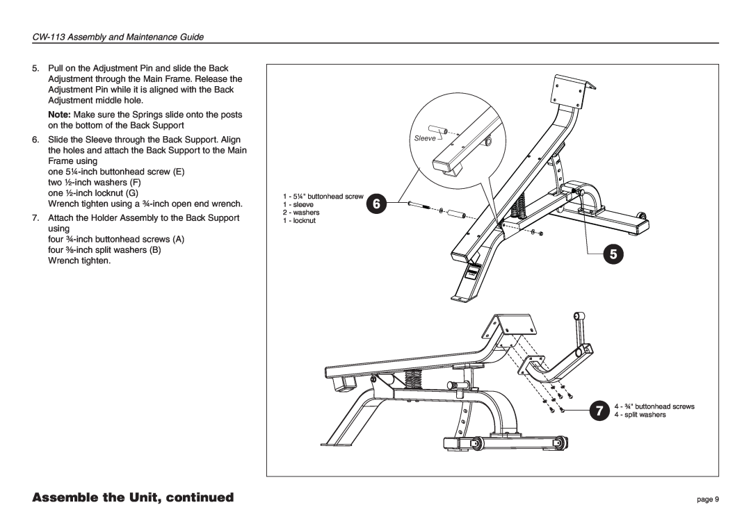 Precor manual Assemble the Unit, continued, CW-113 Assembly and Maintenance Guide, Sleeve, 5¼ buttonhead screw, sleeve 