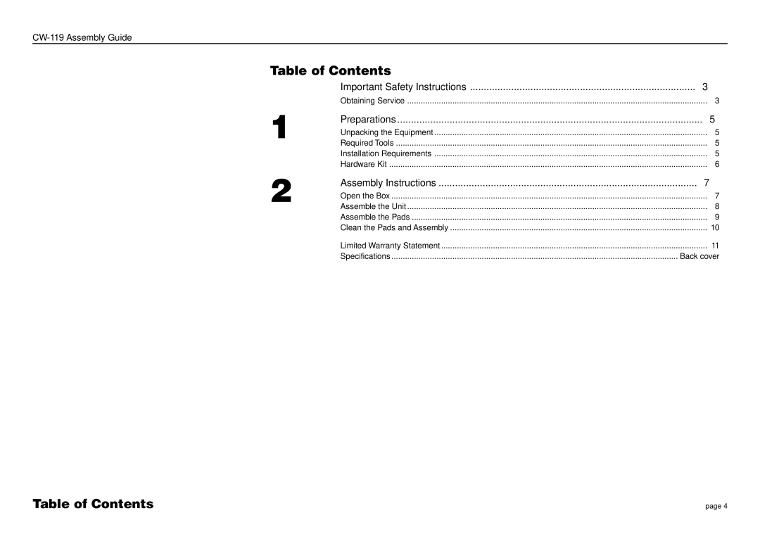 Precor CW-119 manual Table of Contents 