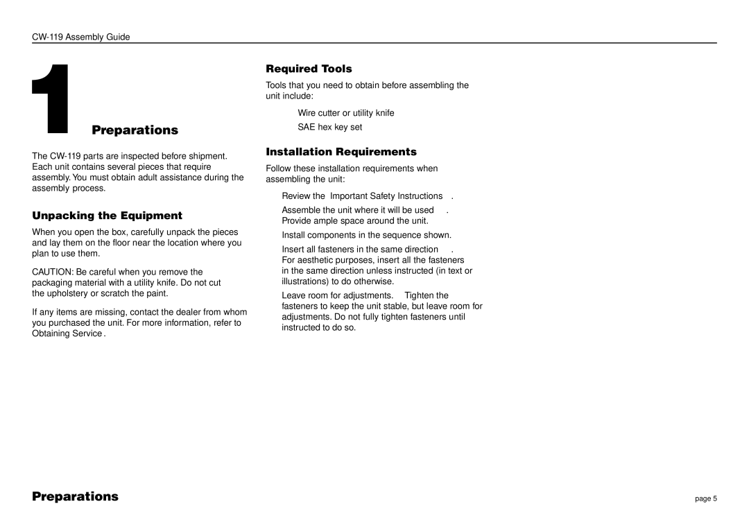 Precor CW-119 manual Preparations, Unpacking the Equipment, Required Tools, Installation Requirements 