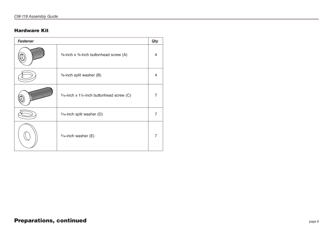 Precor CW-119 manual Hardware Kit, Fastener Qty 
