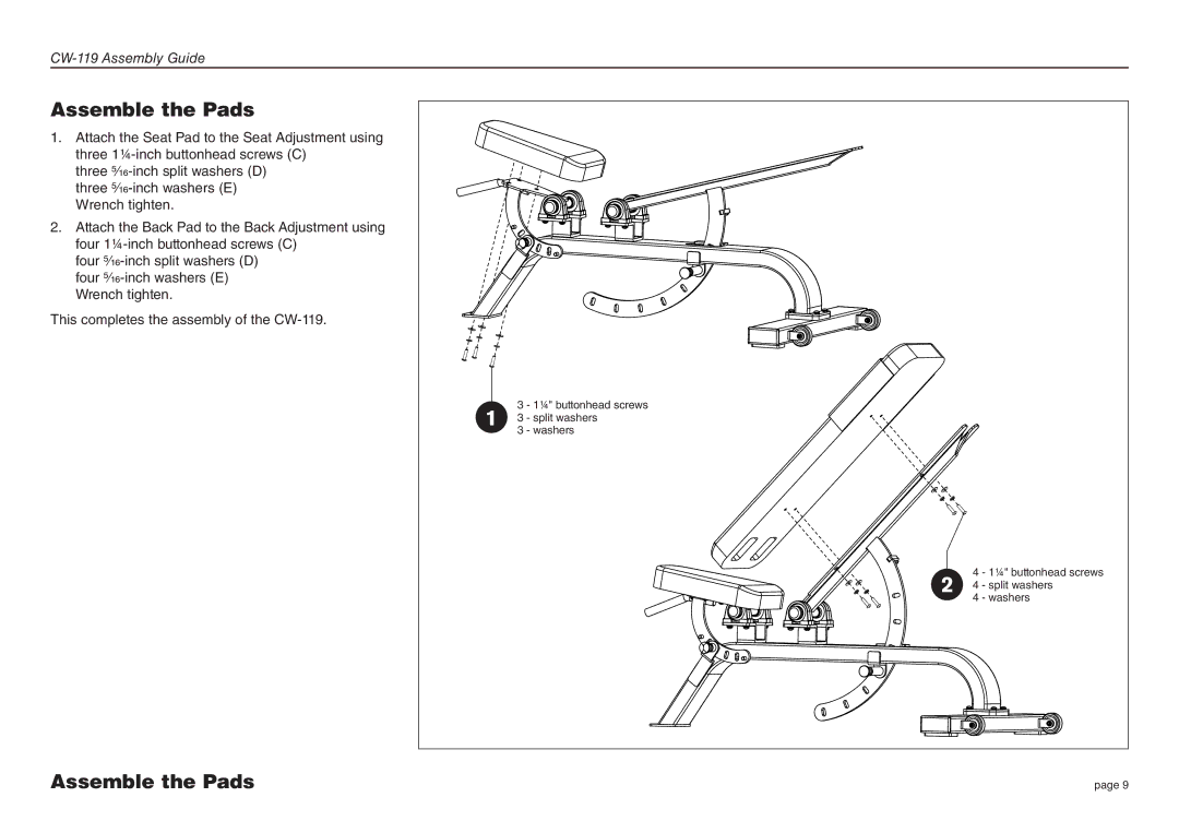 Precor CW-119 manual Assemble the Pads 