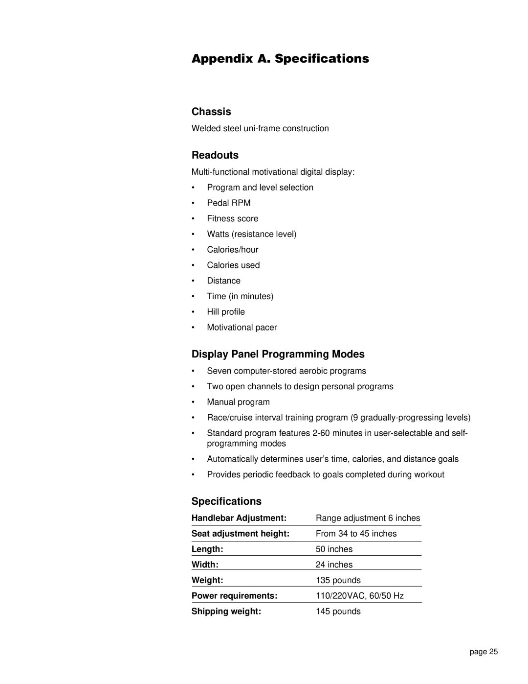 Precor EC 850 owner manual Appendix A. Specifications, Chassis, Readouts, Display Panel Programming Modes 