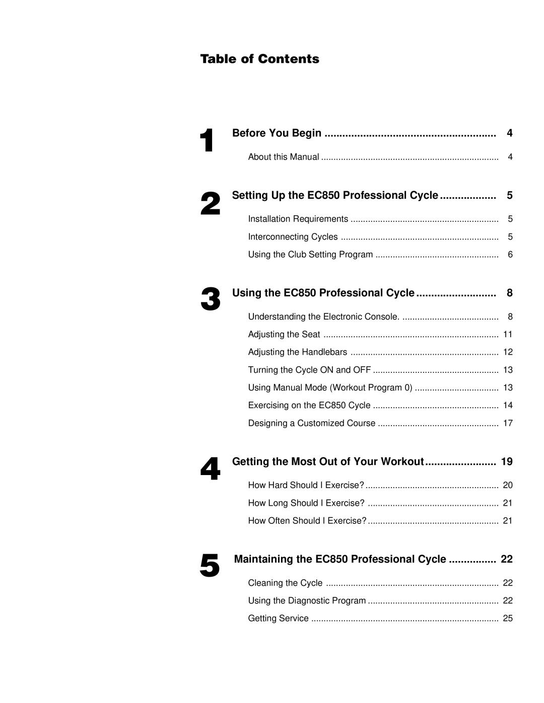 Precor EC 850 owner manual Table of Contents 