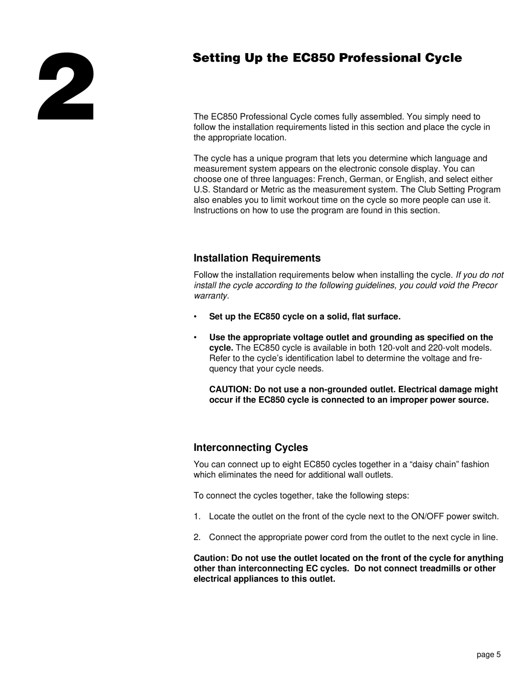 Precor EC 850 owner manual Setting Up the EC850 Professional Cycle, Installation Requirements, Interconnecting Cycles 