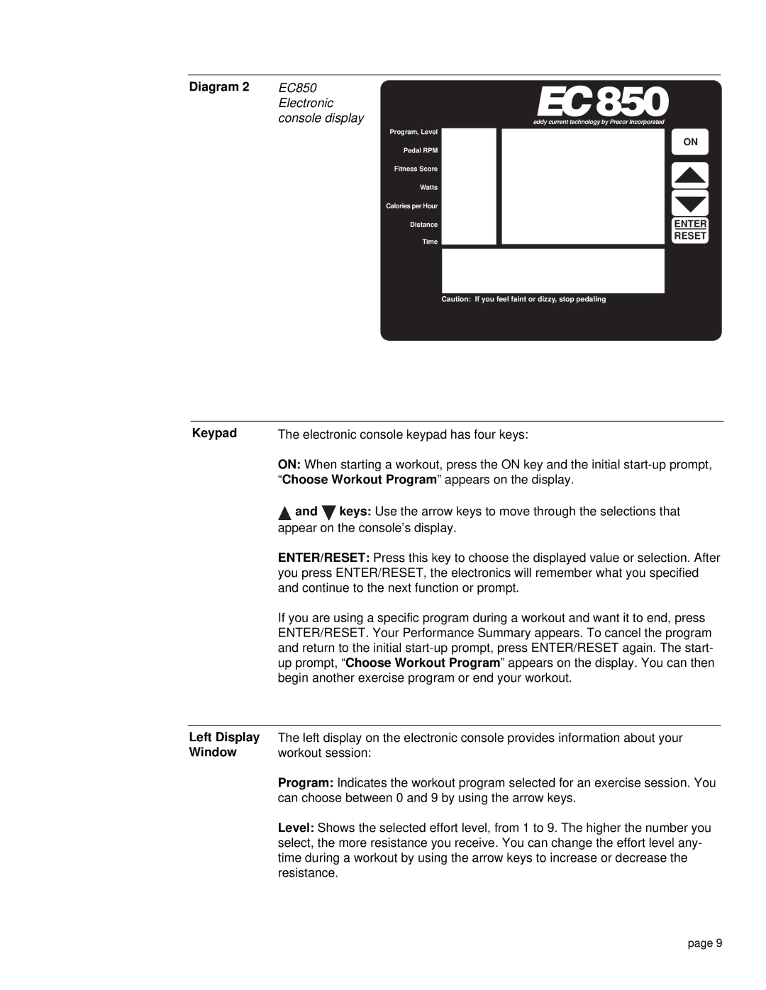 Precor EC 850 owner manual Keypad 