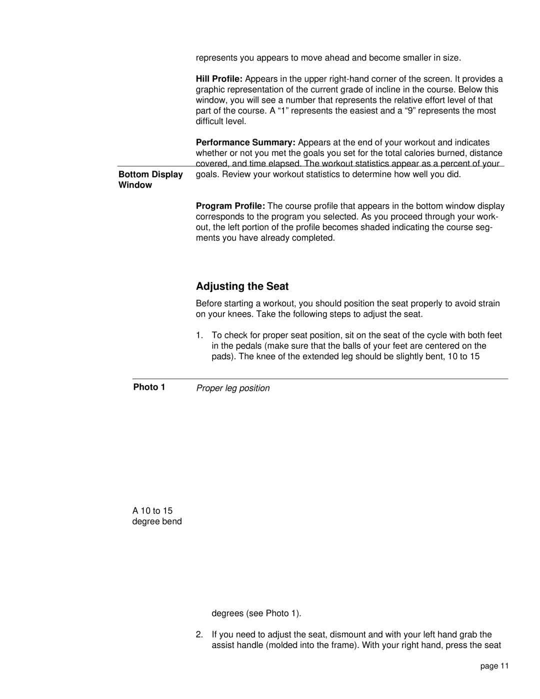 Precor EC860 owner manual Adjusting the Seat, Proper leg position 