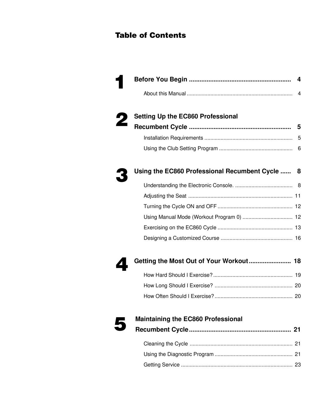 Precor EC860 owner manual Table of Contents 