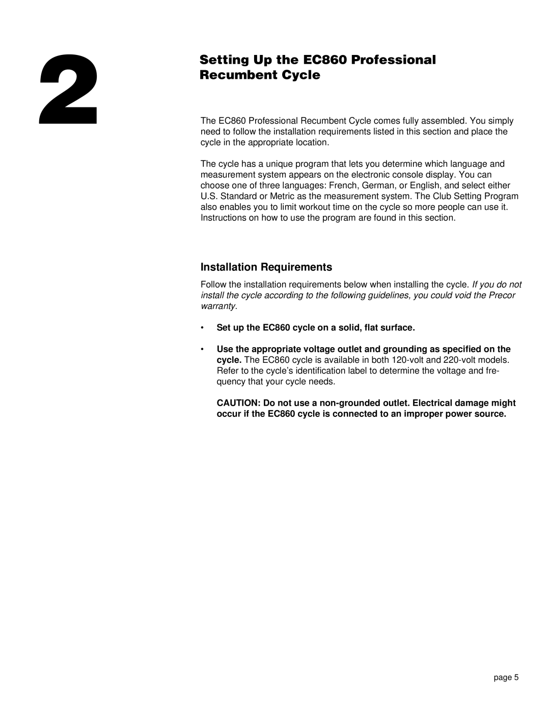 Precor owner manual Setting Up the EC860 Professional, Recumbent Cycle, Installation Requirements 