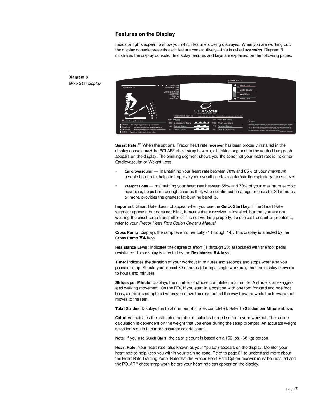 Precor EFX 5.21si owner manual Features on the Display, EFX5.21si display, Cross Ramp keys 