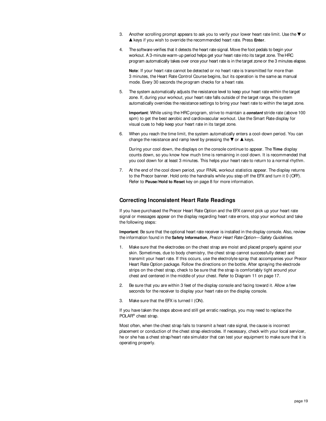 Precor EFX 5.21si owner manual Correcting Inconsistent Heart Rate Readings 