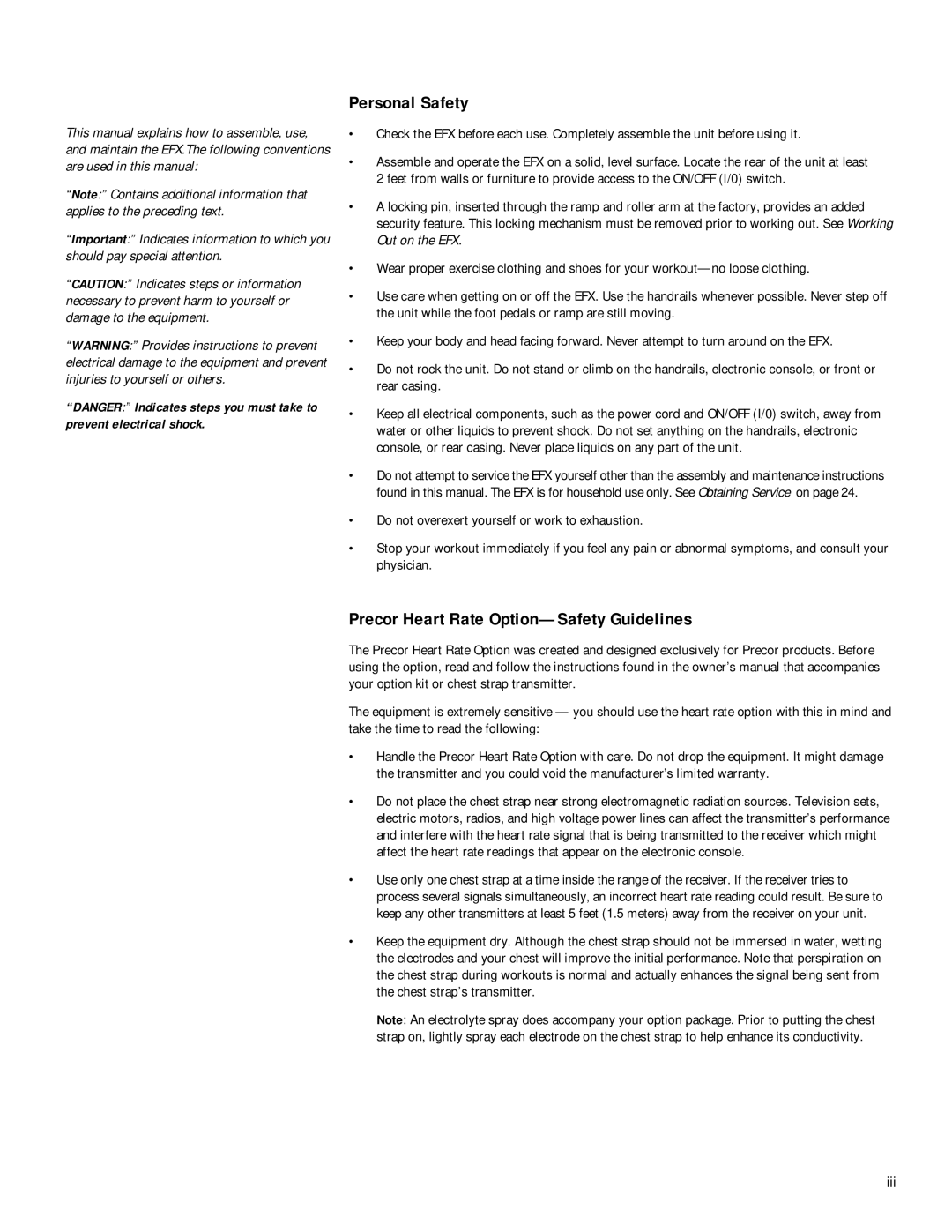 Precor EFX 5.21si owner manual Personal Safety, Precor Heart Rate Option-Safety Guidelines 