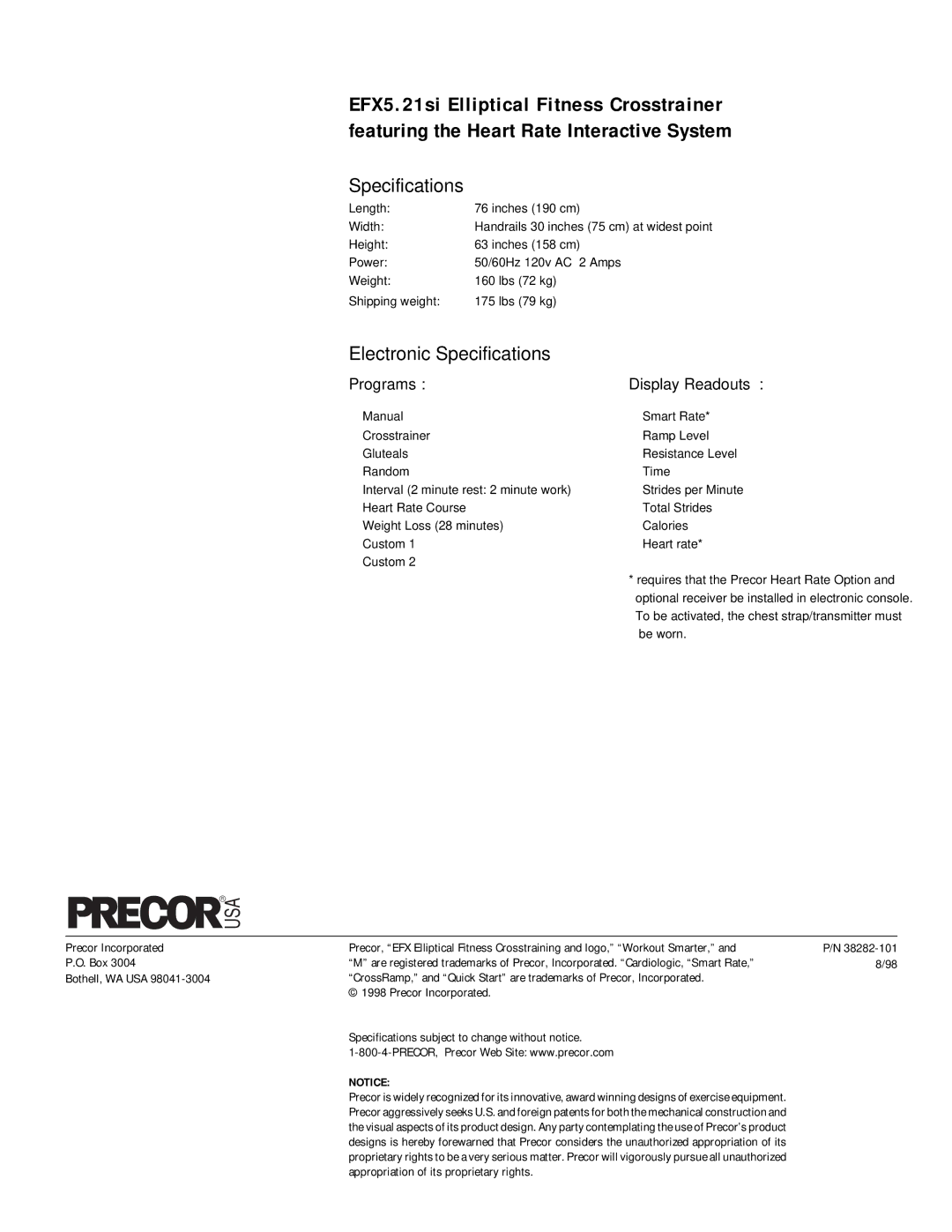 Precor EFX 5.21si owner manual Electronic Specifications, Programs Display Readouts 