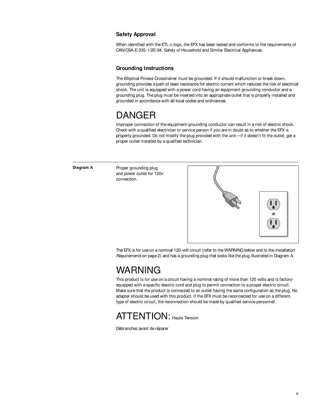 Precor EFX 5.21si owner manual Safety Approval, Grounding Instructions, Diagram a, Connection, Débranchez avant de réparer 