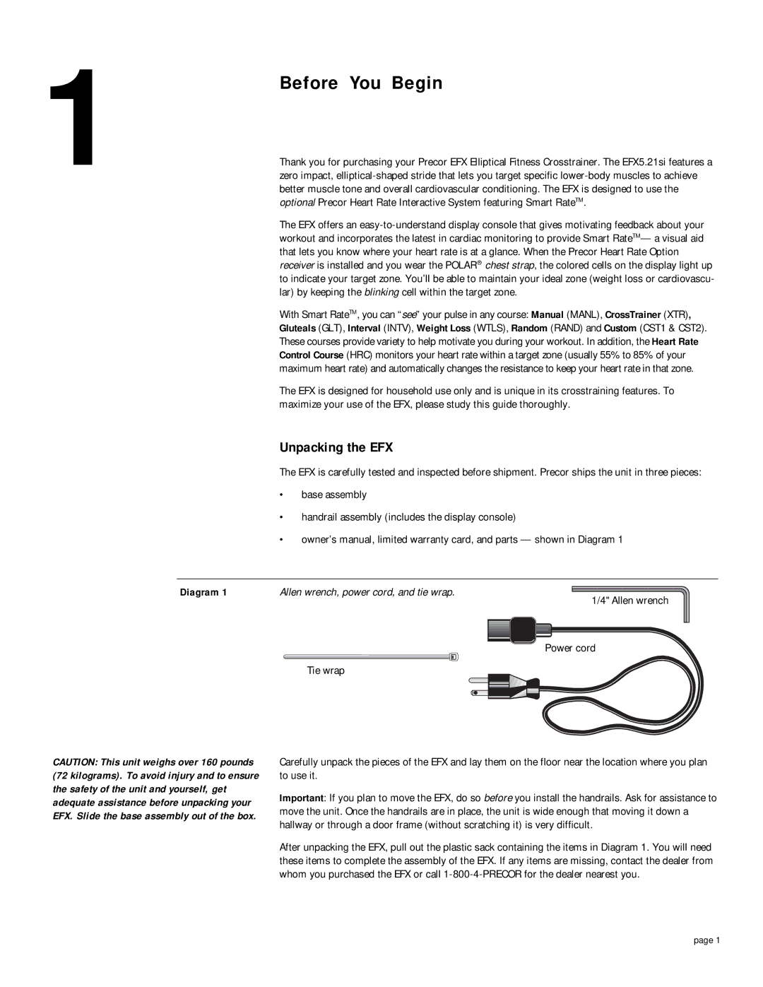 Precor EFX 5.21si Before You Begin, Unpacking the EFX, Allen wrench, power cord, and tie wrap, Power cord, Tie wrap 