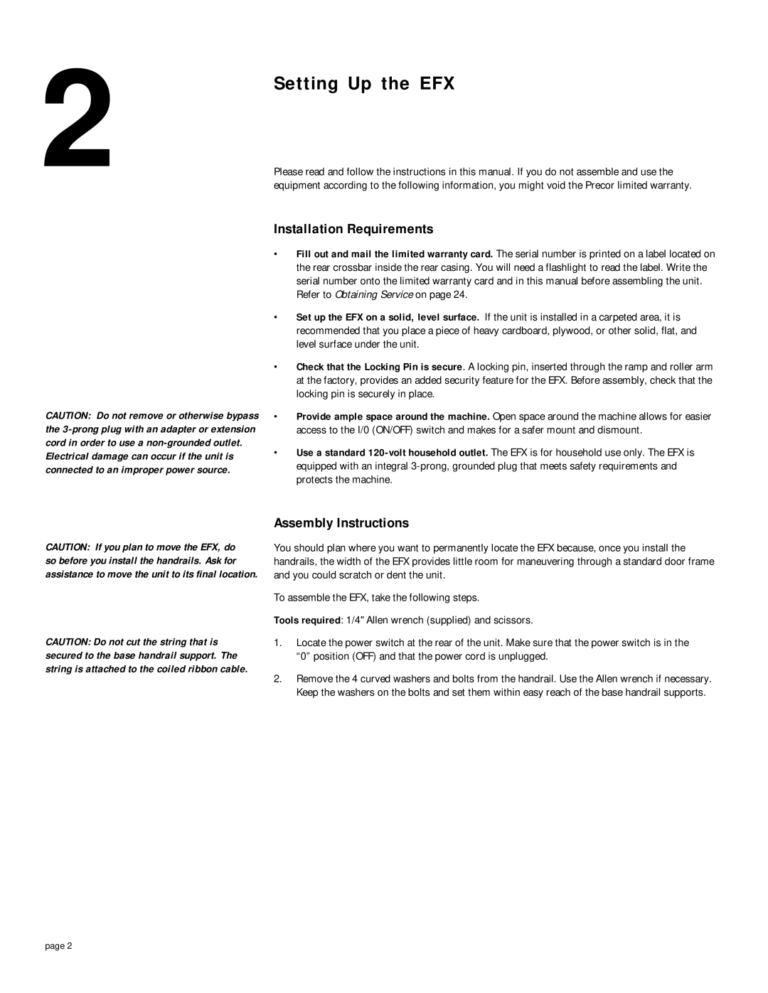 Precor EFX 5.21si owner manual Setting Up the EFX, Installation Requirements, Assembly Instructions 