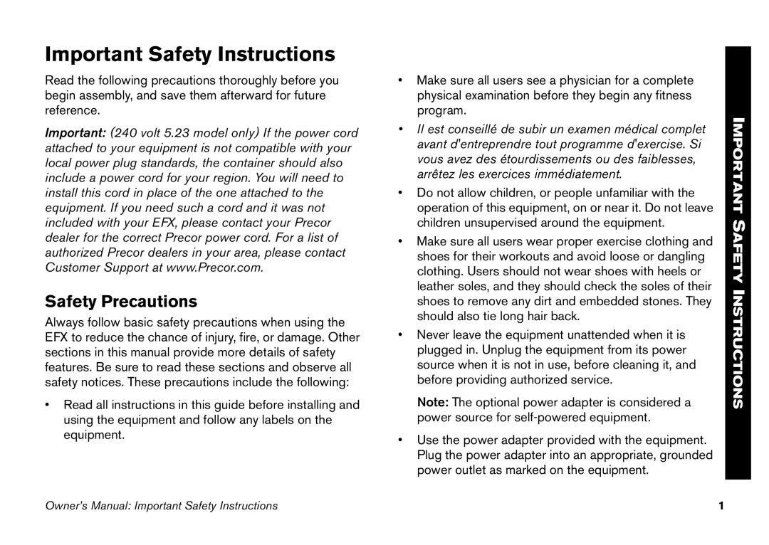 Precor EFX 5.21, EFX 5.23 manual Important Safety Instructions, Safety Precautions 