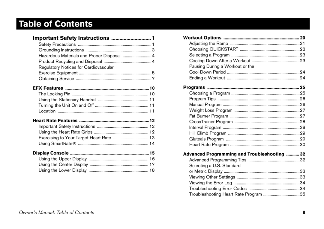 Precor EFX 5.23, EFX 5.21 manual Table of Contents 