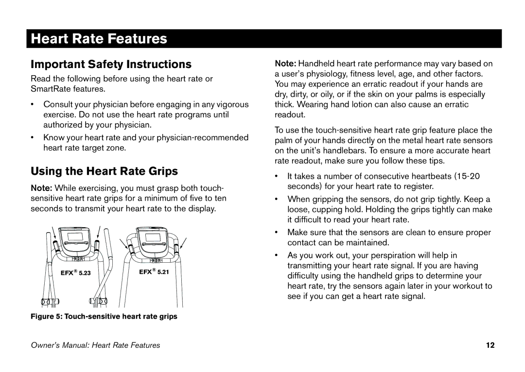 Precor EFX 5.23, EFX 5.21 manual Heart Rate Features, Important Safety Instructions, Using the Heart Rate Grips 