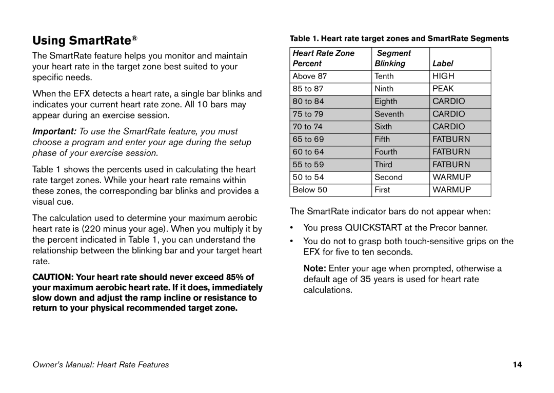 Precor EFX 5.23, EFX 5.21 manual Using SmartRate 