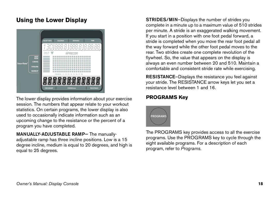 Precor EFX 5.23, EFX 5.21 manual Using the Lower Display, Programs Key 