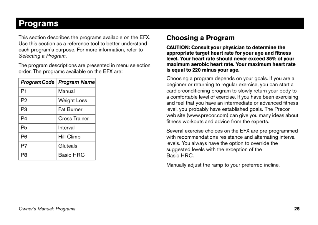 Precor EFX 5.21, EFX 5.23 manual Programs, Choosing a Program 