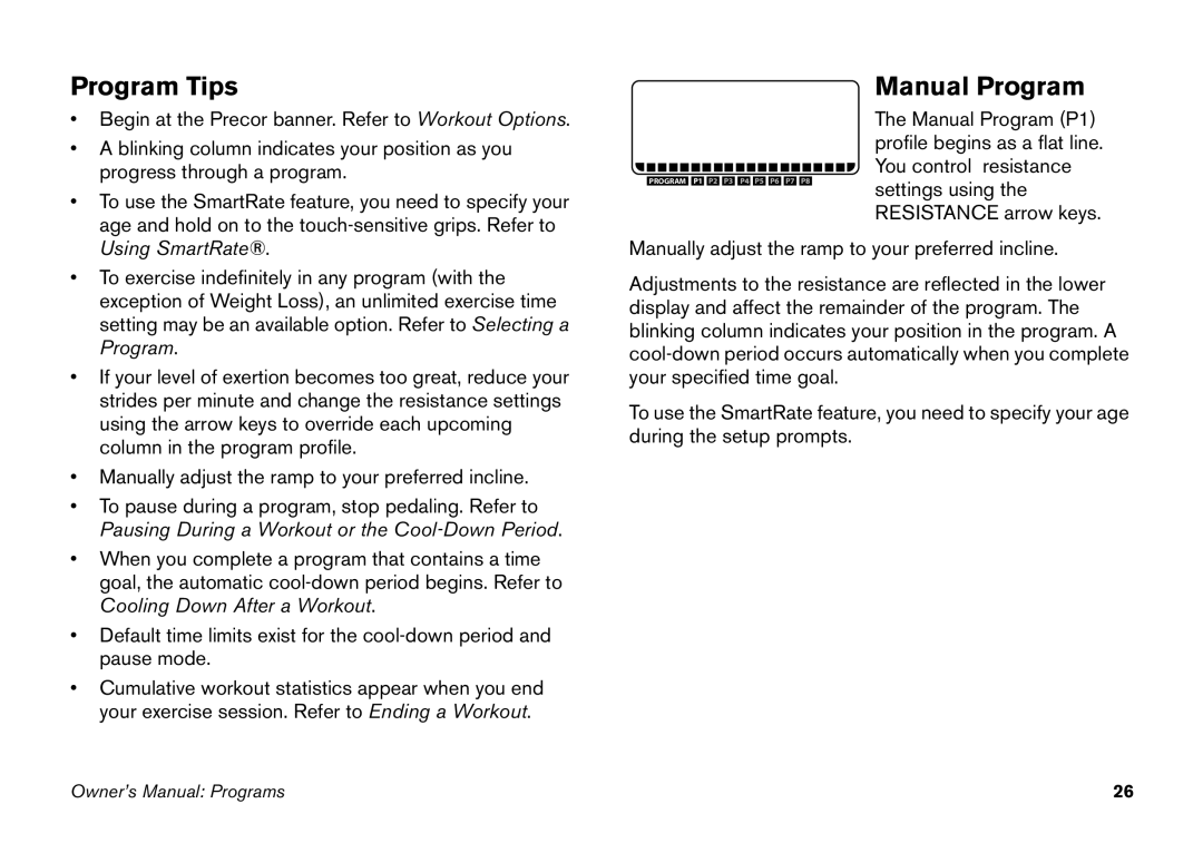 Precor EFX 5.23, EFX 5.21 manual Program Tips, Manual Program 