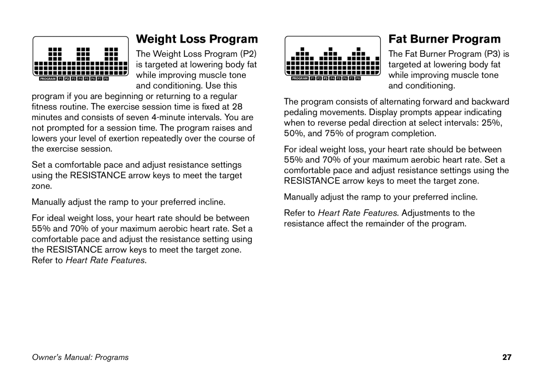 Precor EFX 5.21, EFX 5.23 manual Weight Loss Program, Fat Burner Program 