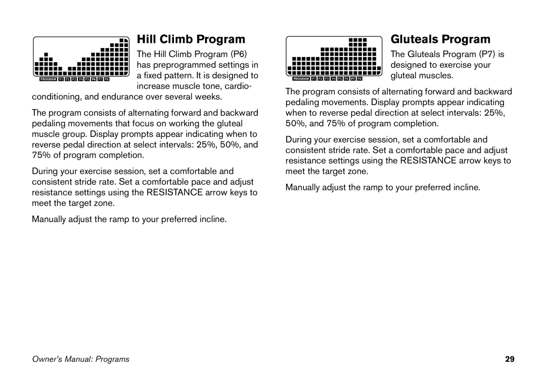 Precor EFX 5.21, EFX 5.23 manual Hill Climb Program, Gluteals Program 