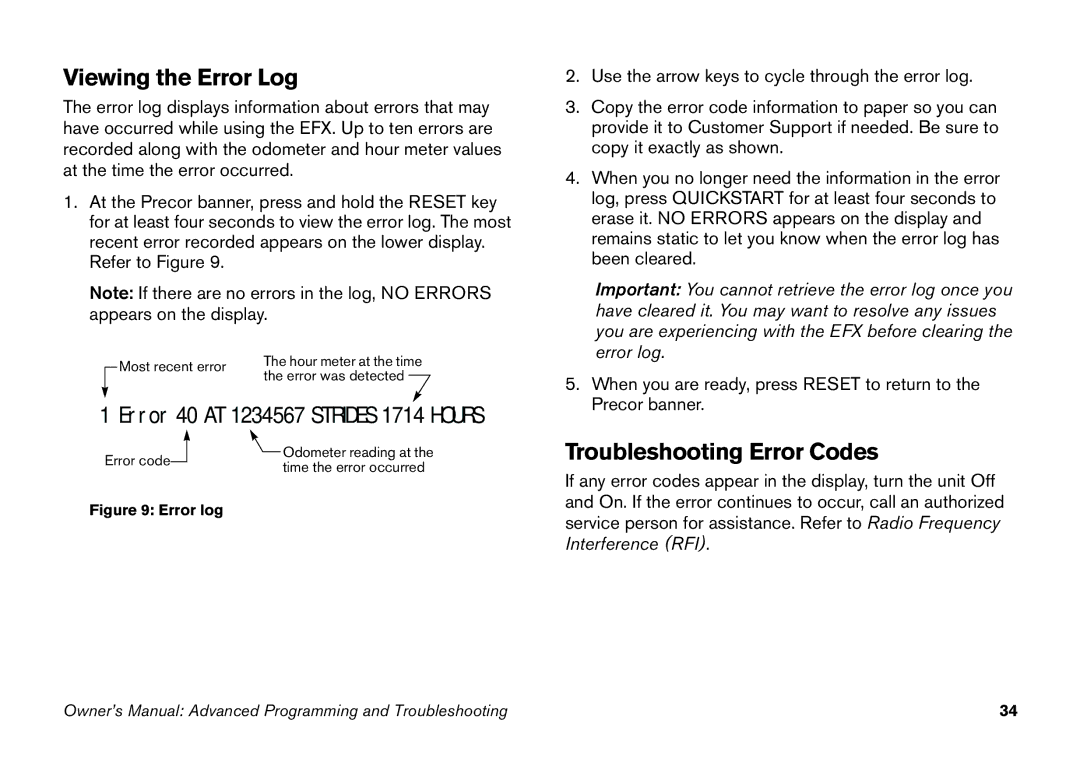 Precor EFX 5.23, EFX 5.21 manual Viewing the Error Log, Troubleshooting Error Codes 