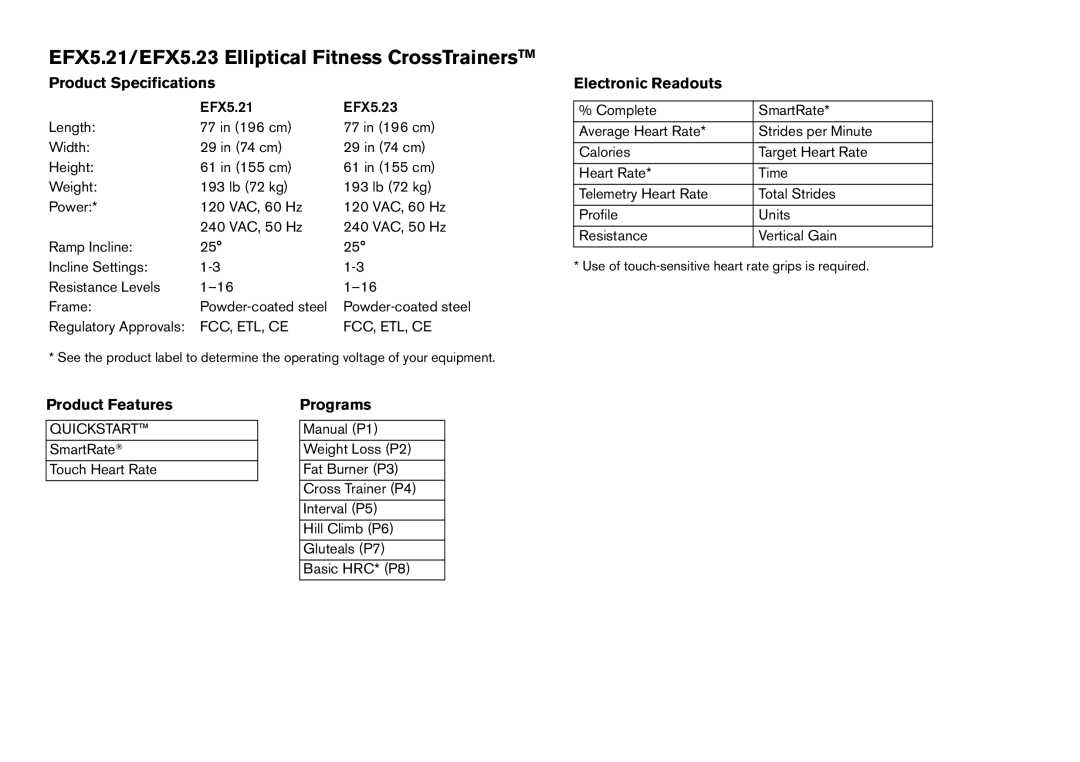 Precor EFX 5.21, EFX 5.23 manual EFX5.21/EFX5.23 Elliptical Fitness CrossTrainersTM, Product Specifications 