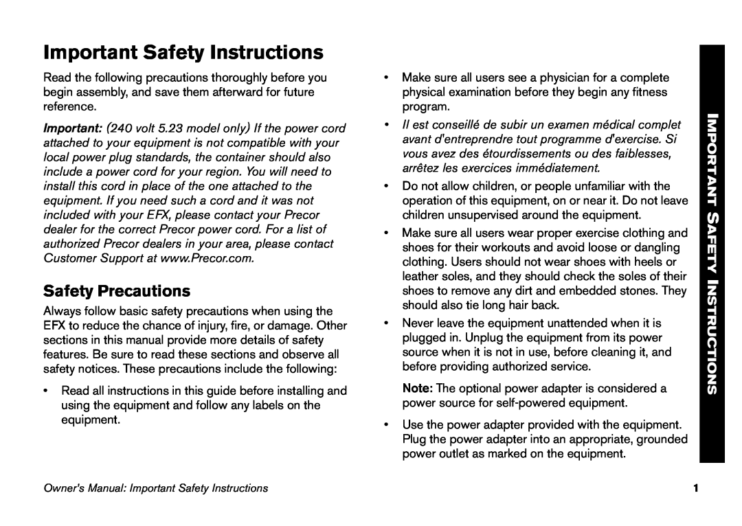 Precor EFX 5.21, EFX 5.23 manual Safety Precautions, Important Safety Instructions 