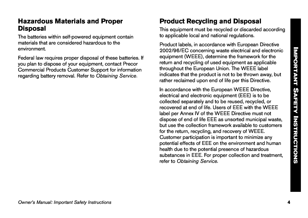 Precor EFX 5.23 Hazardous Materials and Proper Disposal, Product Recycling and Disposal, Important Safety Instructions 