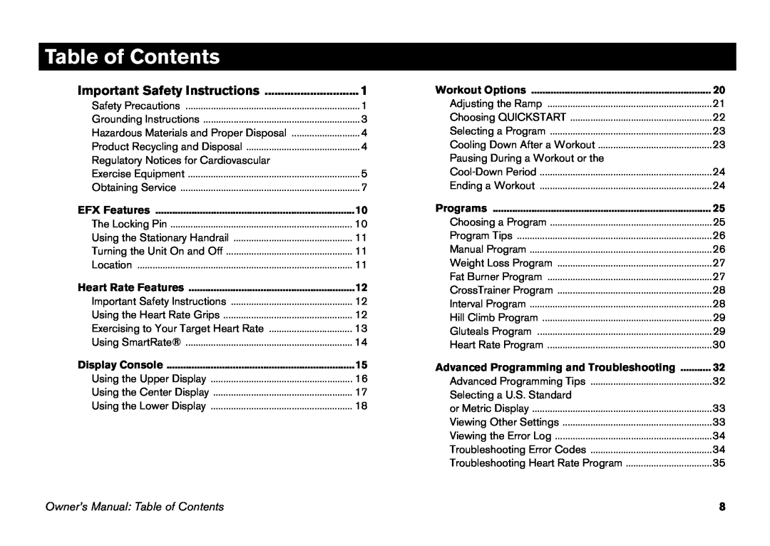 Precor EFX 5.23 manual Table of Contents, Important Safety Instructions, Heart Rate Features, Workout Options, EFX Features 