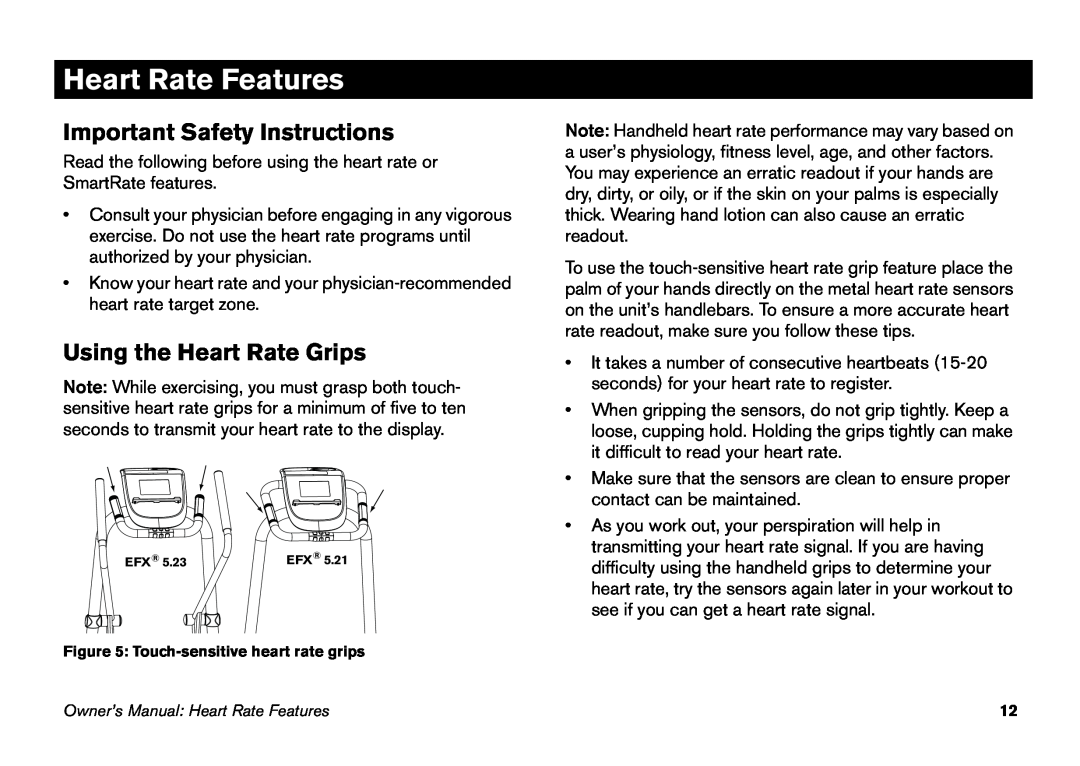 Precor EFX 5.23, EFX 5.21 manual Heart Rate Features, Important Safety Instructions, Using the Heart Rate Grips 