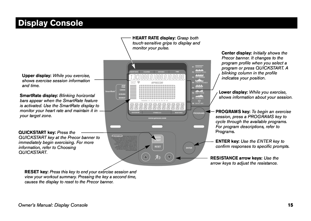 Precor EFX 5.21, EFX 5.23 Display Console, 130 888.8 888.8, program or press QUICKSTART. A, blinking column in the profile 