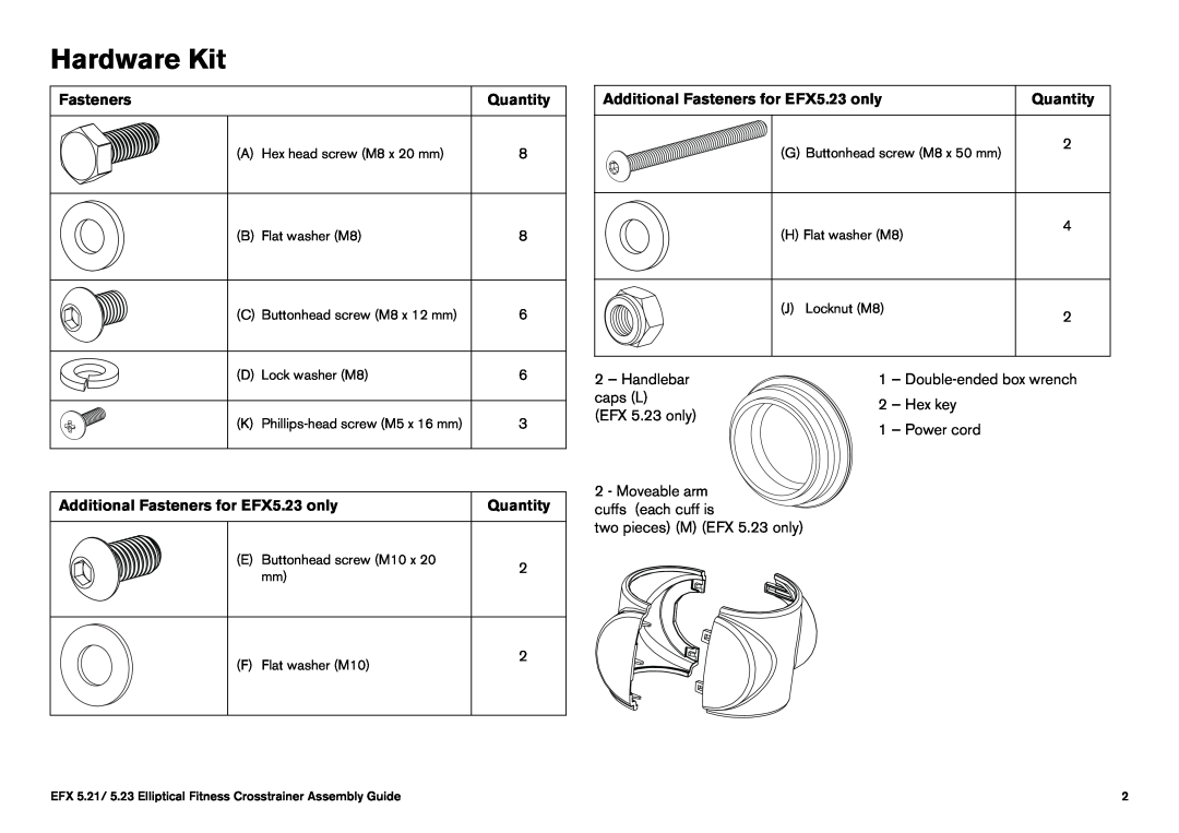 Precor EFX 5.23, EFX 5.21 manual Hardware Kit, Quantity, Additional Fasteners for EFX5.23 only 