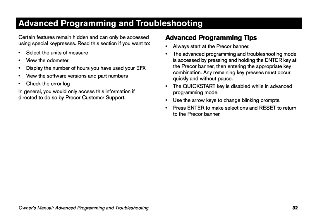 Precor EFX 5.23, EFX 5.21 manual Advanced Programming and Troubleshooting, Advanced Programming Tips 