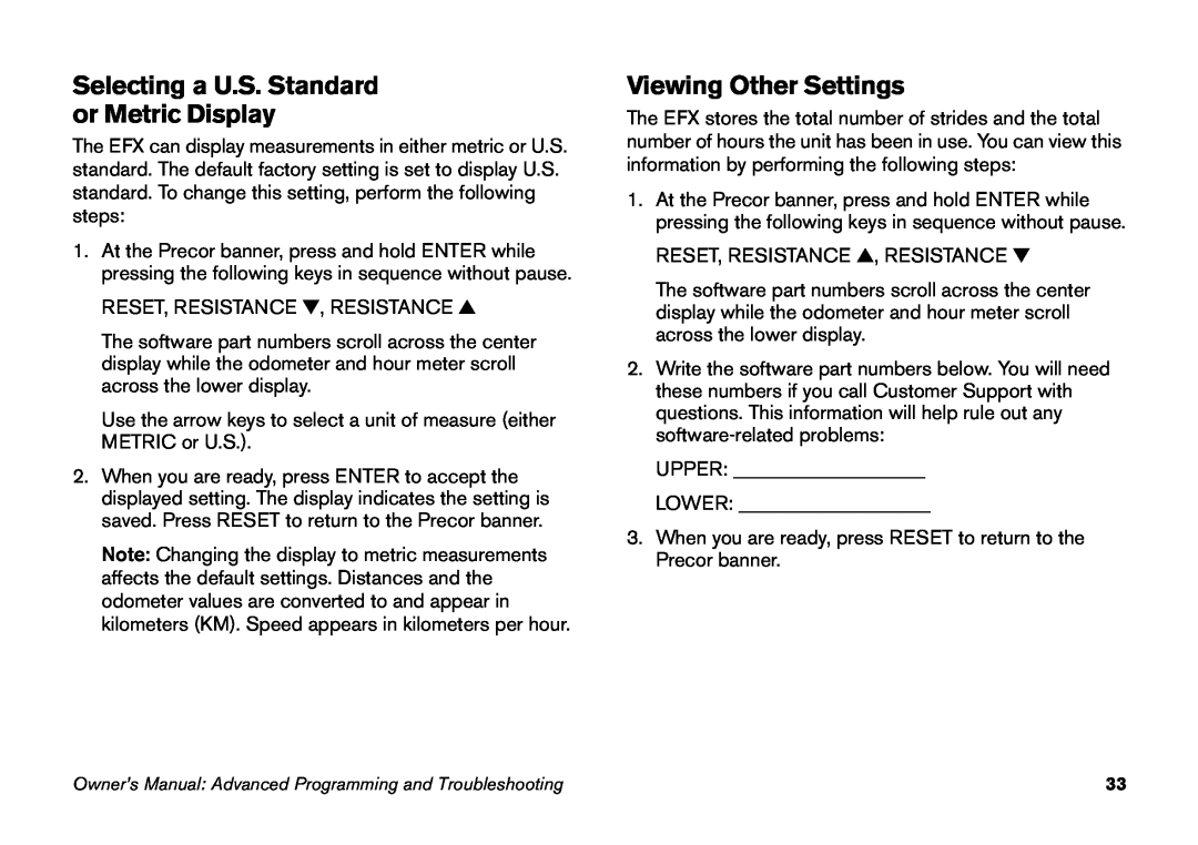 Precor EFX 5.21, EFX 5.23 manual Selecting a U.S. Standard or Metric Display, Viewing Other Settings 
