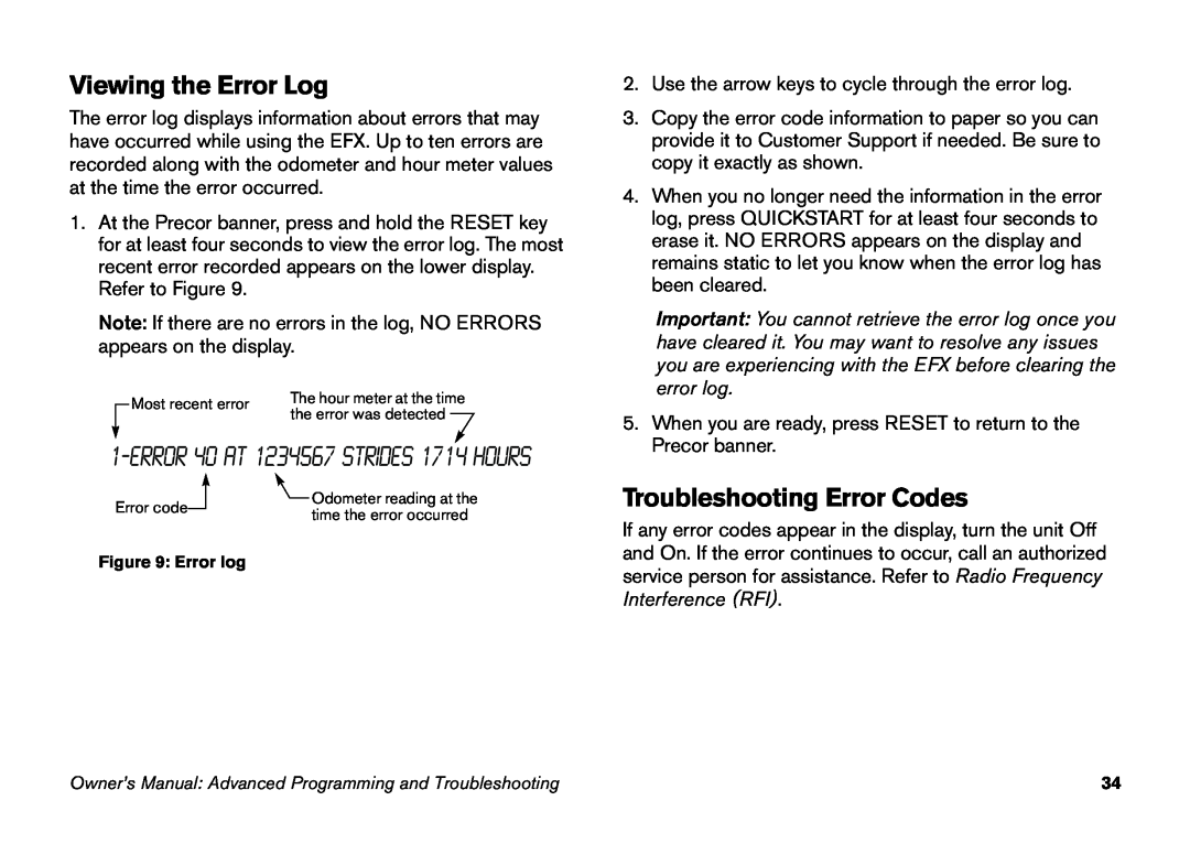 Precor EFX 5.23, EFX 5.21 Viewing the Error Log, Troubleshooting Error Codes, 1‐Error 40 AT 1234567 STRIDES 1714 HOURS 