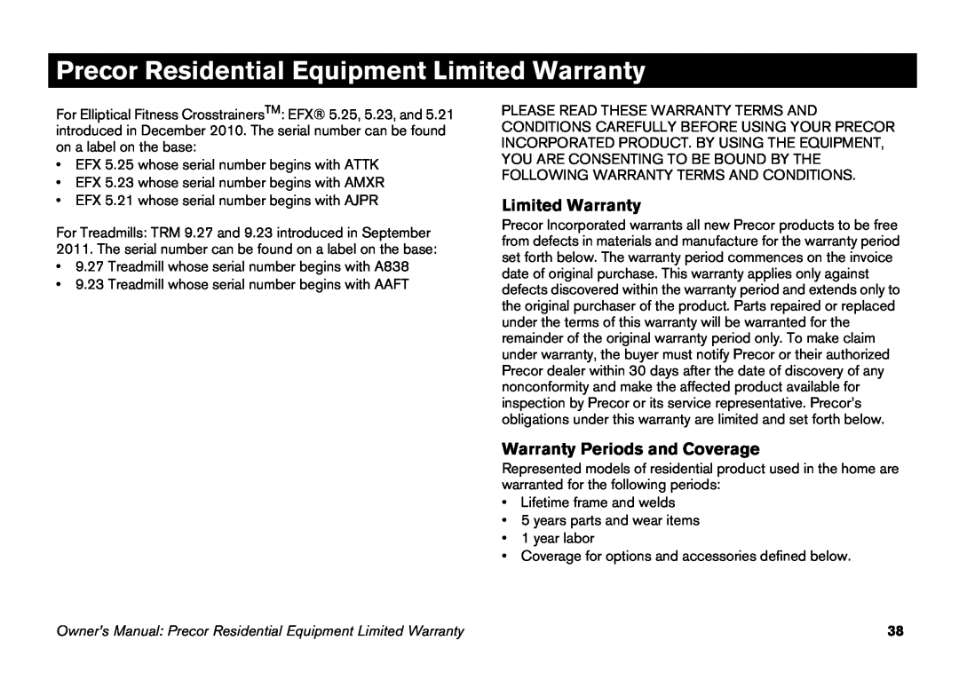 Precor EFX 5.23, EFX 5.21 manual Precor Residential Equipment Limited Warranty, Warranty Periods and Coverage 