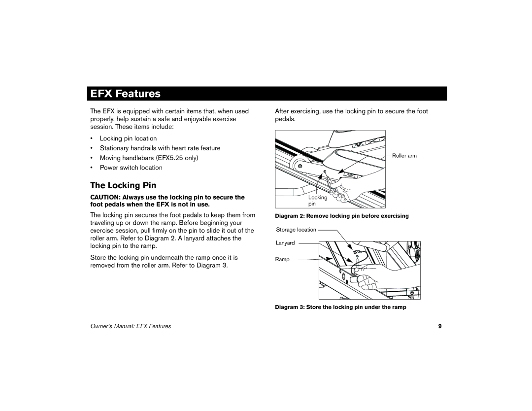 Precor efx 5.25, EFX 5.23 manual EFX Features, Locking Pin 