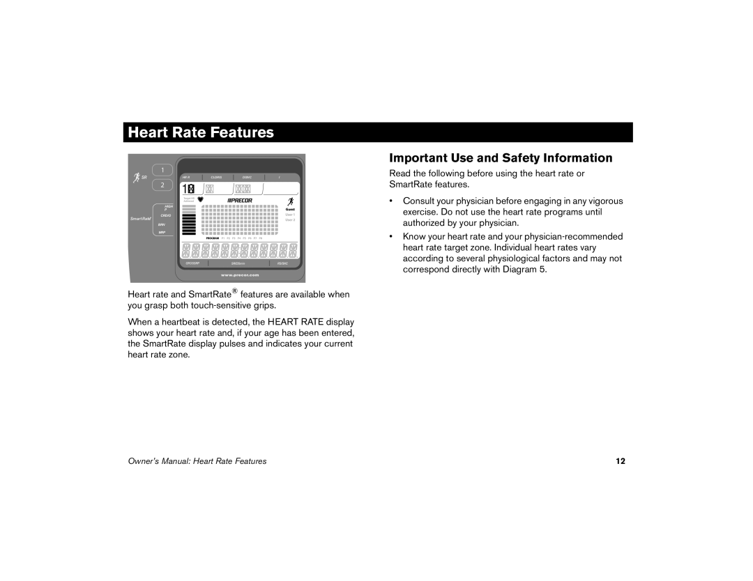 Precor EFX 5.23, efx 5.25 manual Heart Rate Features, Important Use and Safety Information 