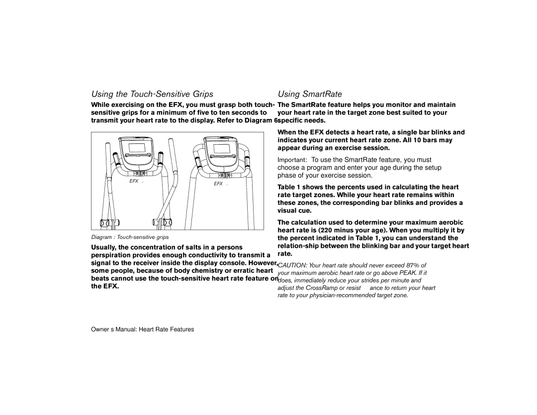 Precor EFX 5.23, efx 5.25 manual Using the Touch-Sensitive Grips, Using SmartRate 