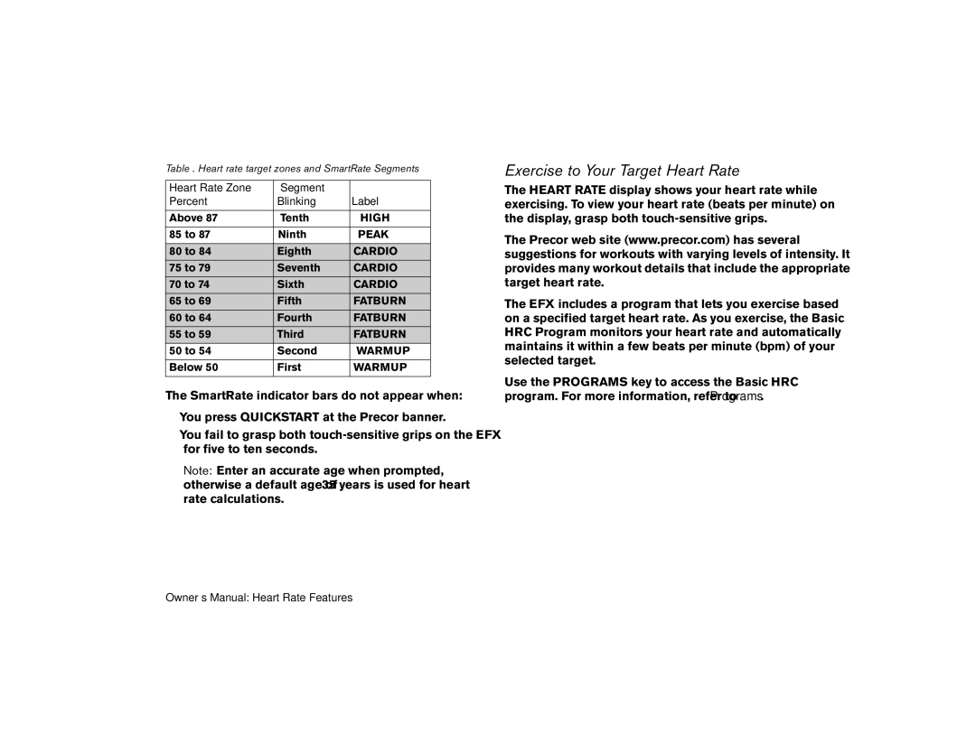 Precor efx 5.25, EFX 5.23 manual Exercise to Your Target Heart Rate 